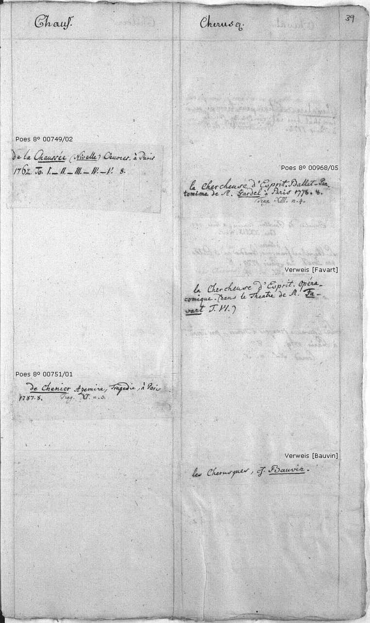 Es wird die Vorderseite der Katalogseite 39 dargestellt, auf welcher sich Signaturen der vorhandenen Werke und deren Links in den OPAC bzw. Verweise befinden.