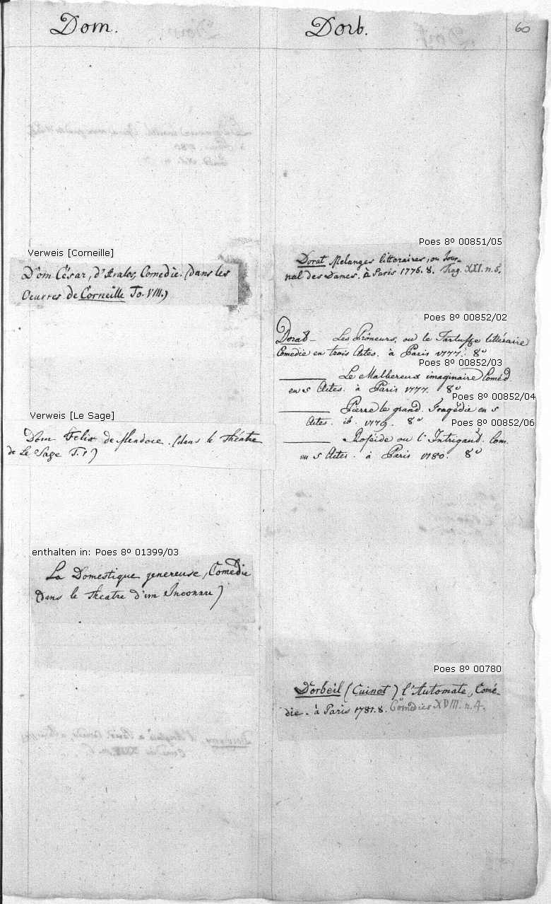  Es wird die Vorderseite der Katalogseite 60 dargestellt, auf welcher sich Signaturen der vorhandenen Werke und deren Links in den OPAC bzw. Verweise befinden.