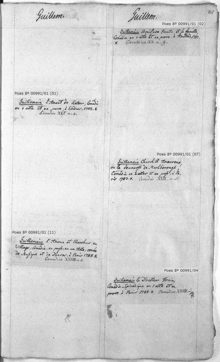 Es wird die Vorderseite der Katalogseite 107 dargestellt, auf welcher sich Signaturen der vorhandenen Werke und deren Links in den OPAC bzw. Verweise befinden.