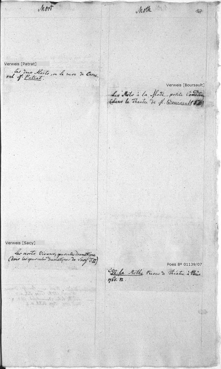 Es wird die Vorderseite der Katalogseite 167 dargestellt, auf welcher sich Signaturen der vorhandenen Werke und deren Links in den OPAC bzw. Verweise befinden.