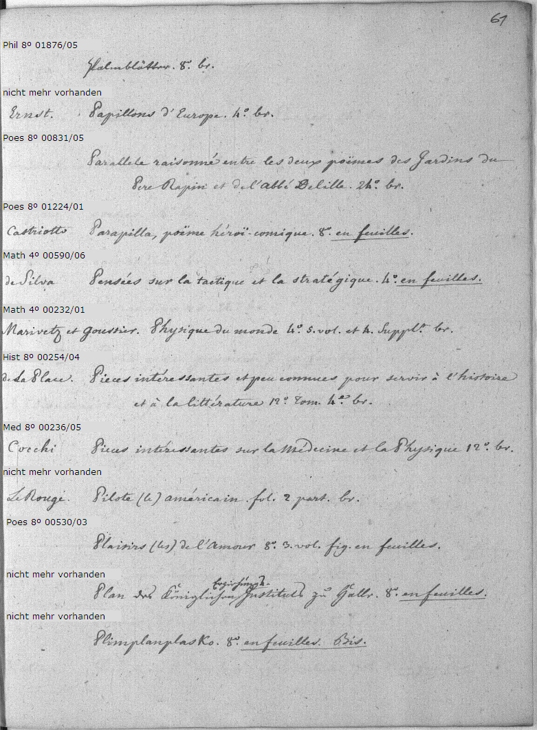 Es wird die Katalogseite 61 dargestellt, auf welcher sich Signaturen der vorhandenen Werke und deren Links in den OPAC befinden.