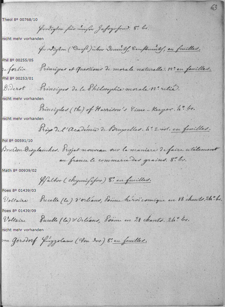 Es wird die Katalogseite 63 dargestellt, auf welcher sich Signaturen der vorhandenen Werke und deren Links in den OPAC befinden.