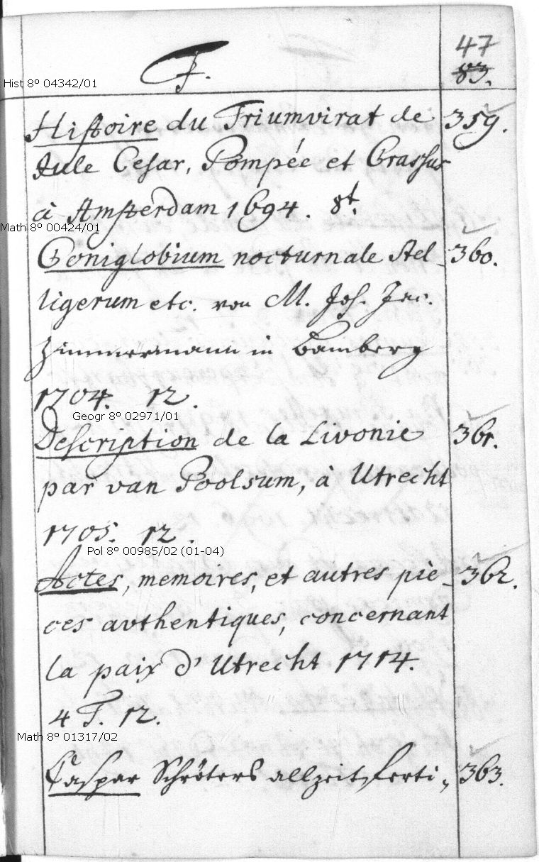 Es wird die Katalogseite 047r dargestellt, auf welcher sich Signaturen der vorhandenen Werke und deren Links in den OPAC befinden.