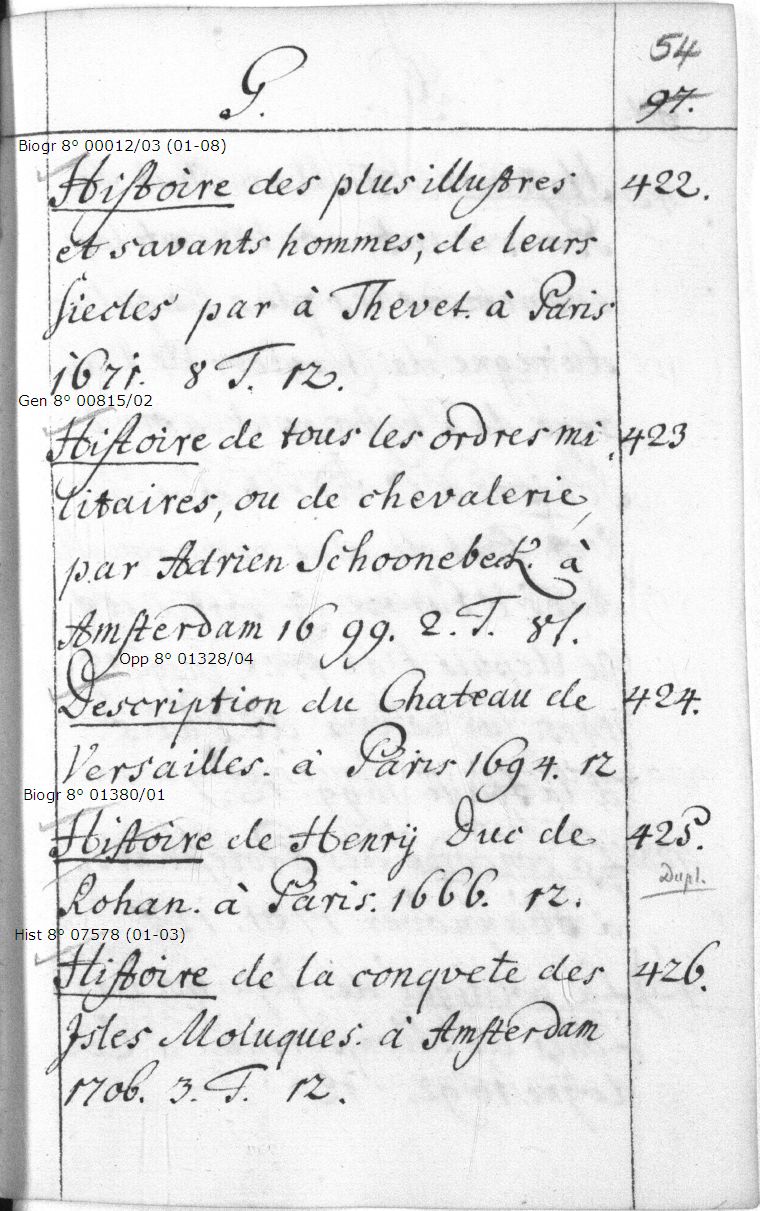 Es wird die Katalogseite 054r dargestellt, auf welcher sich Signaturen der vorhandenen Werke und deren Links in den OPAC befinden.