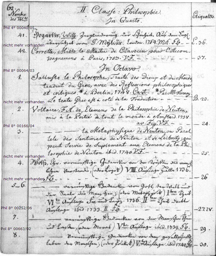 Es wird die Katalogseite 62 dargestellt, auf welcher sich Signaturen der vorhandenen Werke und deren Links in den OPAC befinden.